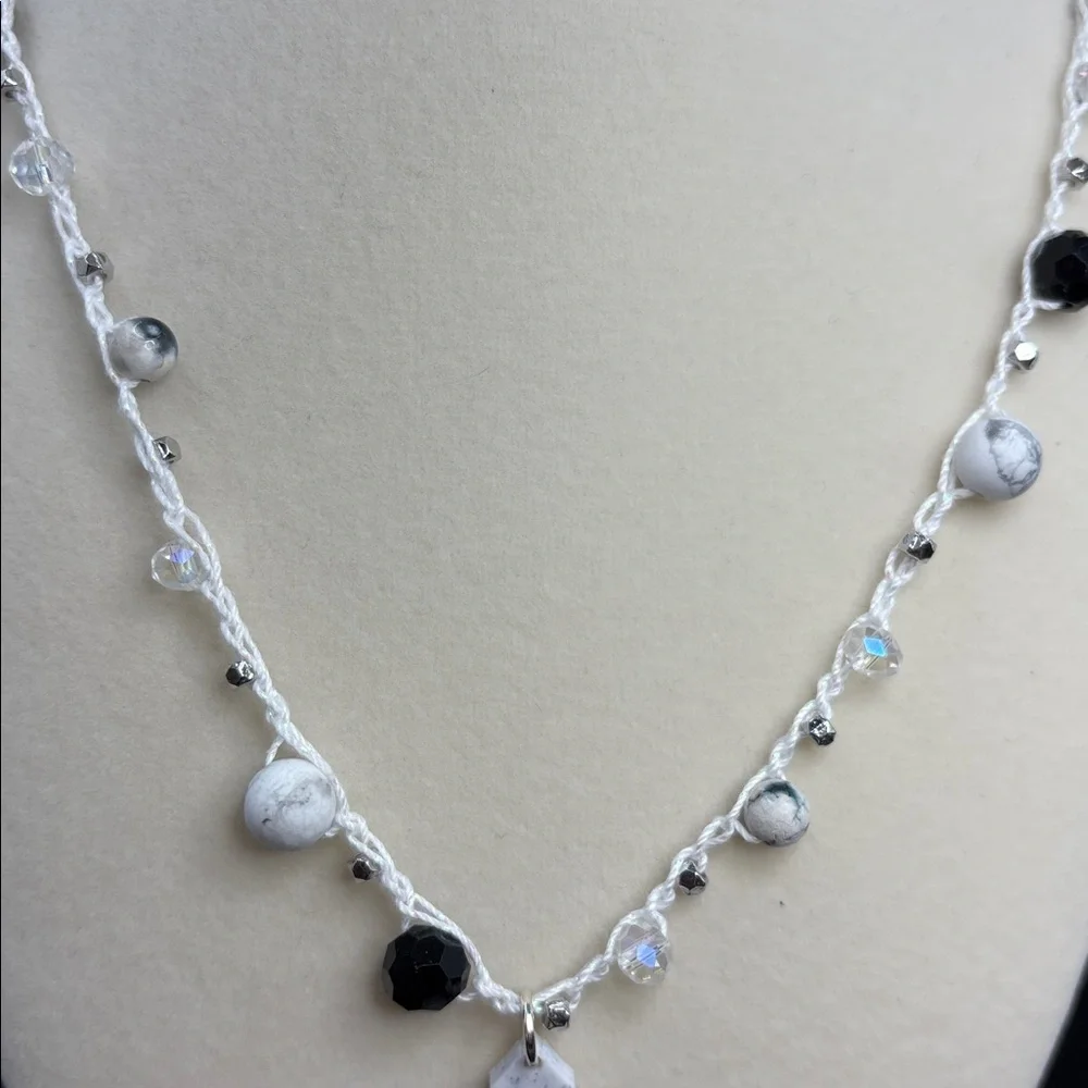 Howlite Beaded Crochet Necklace | 3D Printed Marble Cross Pendant Adjustable 18”